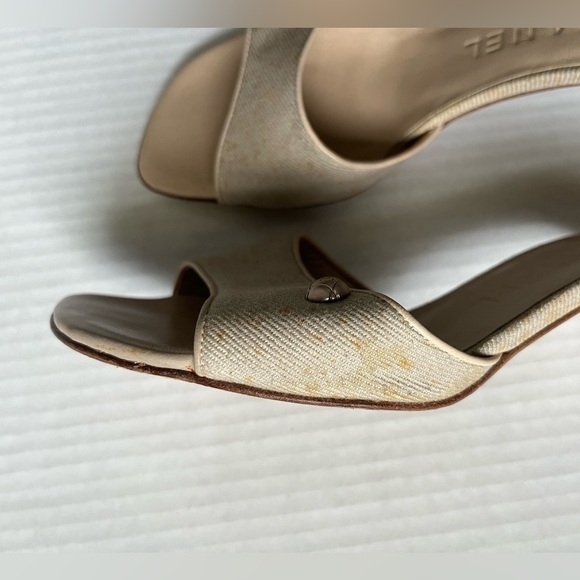 Chanel slide boho classic retro sandals heels Wheat color fabric silver logo 6.5 - Picture 14 of 15